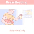 Feeding with breast milk. Father and baby getting frozen milk from refrigerator.