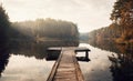 The Breath Of Autumn. Fog lake in morning with boat dock Royalty Free Stock Photo