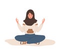 Breath awareness yoga exercise. Arab woman practicing belly breathing for relaxation. Meditation for body, mind and