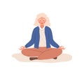 Breath awareness yoga exercise. Elderly woman practicing belly breathing for relaxation. Meditation for body, mind and