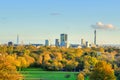 Breath-taking panoramic scenic view of London cityscape seen from beautiful Primrose Hill in St. Regents park Royalty Free Stock Photo