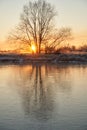 Breath of winter, first ice on the lake, dawn on a frosty morning with frost on the grass, close-up of frost, patterns on the Royalty Free Stock Photo