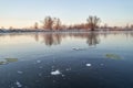 Breath of winter, first ice on the lake, dawn on a frosty morning with frost on the grass, close-up of frost, patterns on the Royalty Free Stock Photo