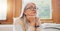 Breathe, calm and senior woman on sofa in the living room for peaceful meditation exercise. Relax, health and portrait Royalty Free Stock Photo