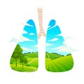 Breathe fresh air. Forest is lungs of planet. Cartoon nature landscape. Scenic green field and clear sky. Care of