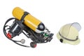 Breathing Air Cylinder Assembly, Full Facepiece Respirator and helmet for firefighters isolated Royalty Free Stock Photo