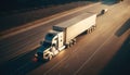 American truck pulling load on a freeway. Aerial drone shot. Generative ai illustration