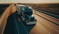 American truck pulling load on a freeway. Aerial drone shot. Generative ai illustration