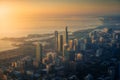 Breathtaking aerial shot of Chicago city and the lake Michigan during golden sunset Royalty Free Stock Photo