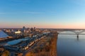 A breathtaking aerial shot of the running waters of the Mississippi river with powerful clouds and a stunning sunset with a bridge