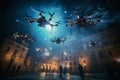 breathtaking aerial show featuring synchronized drones, Night sky above a city, Coordinate a swarm of drones using