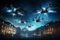 breathtaking aerial show featuring synchronized drones, Night sky above a city, Coordinate a swarm of drones using