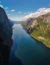 Kjerag, Lysebotn, Lysefjorden, Norway, A breathtaking aerial view of a deep, narrow fjord in Norway, with steep cliffs