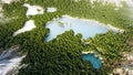 A breathtaking aerial view of a lush forest with a continent-shaped turquoise lake.