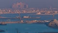 A breathtaking aerial view of the Palm Jumeirah during sunrise timelapse from a rooftop, Dubai, United Arab Emirates Royalty Free Stock Photo