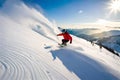 A breathtaking aerial view of a snowboarder carving through fresh powder