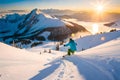 A breathtaking aerial view of a snowboarder carving through fresh powder