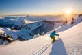 A breathtaking aerial view of a snowboarder carving through fresh powder