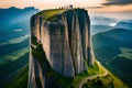 A breathtaking aerial view of a towering granite cliff, challenging climbers with its imposing height