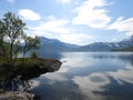 Breathtaking aerial view of the tranquil shores of Lake Brostadbotn in Norge