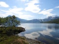 Breathtaking aerial view of the tranquil shores of Lake Brostadbotn in Norge