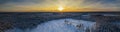 Breathtaking Aerial Winter Sunset panorama photo over Snow Covered Forest Landscape In Northern Sweden, Umea Royalty Free Stock Photo