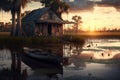 Sunset swamp scene with shack and boat, AI Generative