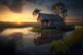 Sunset swamp scene with shack and boat, AI Generative Royalty Free Stock Photo