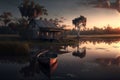 Sunset swamp scene with shack and boat, AI Generative Royalty Free Stock Photo