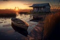 Sunset swamp scene with shack and boat, AI Generative