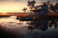 Sunset swamp scene with shack and boat, AI Generative Royalty Free Stock Photo