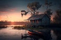 Sunset swamp scene with shack and boat, AI Generative