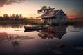 Sunset swamp scene with shack and boat, AI Generative