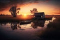 Sunset swamp scene with shack and boat, AI Generative