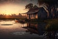 Sunset swamp scene with shack and boat, AI Generative