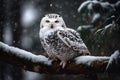 A majestic snowy owl perched on a snow-covered branch, with snowflakes falling in the background.
