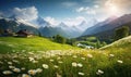 Breathtaking alpine landscape with vibrant wildflowers in the foreground and majestic mountains behind. Created by AI tools