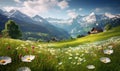 Breathtaking alpine landscape with vibrant wildflowers in the foreground and majestic mountains behind. Created by AI tools