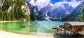 Breathtaking Alpine scenery, Dolomite mountains. beautiful lake Lago di Braies. northen Italy