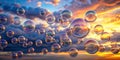 A breathtaking array of iridescent soap bubbles floats serenely against a vibrant sunset sky, reflecting the warm hues and Royalty Free Stock Photo