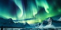 Breathtaking Aurora Borealis Display Over Snow Covered Mountains in a Pristine Arctic Wilderness Under a Starry Sky