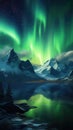 Breathtaking aurora borealis over snowy mountain peaks reflecting in a tranquil lake under a starry night sky. Royalty Free Stock Photo