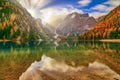 Breathtaking autumn scenery of Braies Lake, Dolomite Alps, Italy