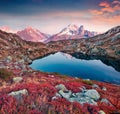 Breathtaking autumn view of Cheserys lake/Lac De Cheserys, Chamonix location. Beautiful outdoor scene of Vallon de Berard Nature P Royalty Free Stock Photo