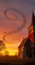 Autumn Sunset Murmuration The Dance of Starlings over the Ancient Chapel Royalty Free Stock Photo