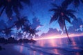 Breathtaking Beach With Anime-Esque Luminous Palm Trees