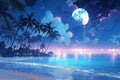 A Breathtaking Beachscape With Luminous Palm Trees, Evoking Anime-Inspired Artwork