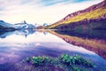 Breathtaking beautiful scenery on the lake in the Swiss Alps. Wetterhorn, Schreckhorn, Finsteraarhorn et Bachsee. Exciting places Royalty Free Stock Photo