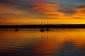 a breathtaking burning sunset on lake Ammersee (Germany) with sailing boats resting on the water