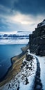 Icelandic Cliff Path: A Cold And Detached Journey Overlooking A Serene Lake